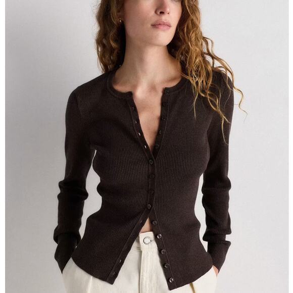 Quince Sweaters - Quince Fitted Ribbed Cardigan Cotton Cashmere Mocha Heather Brown Womens Size S